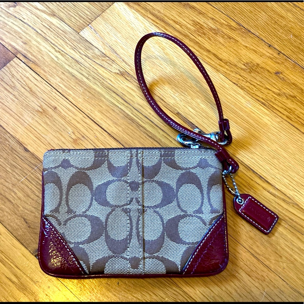 Coach Wristlet Clutch Purse Maroon or Cranberry and Tan